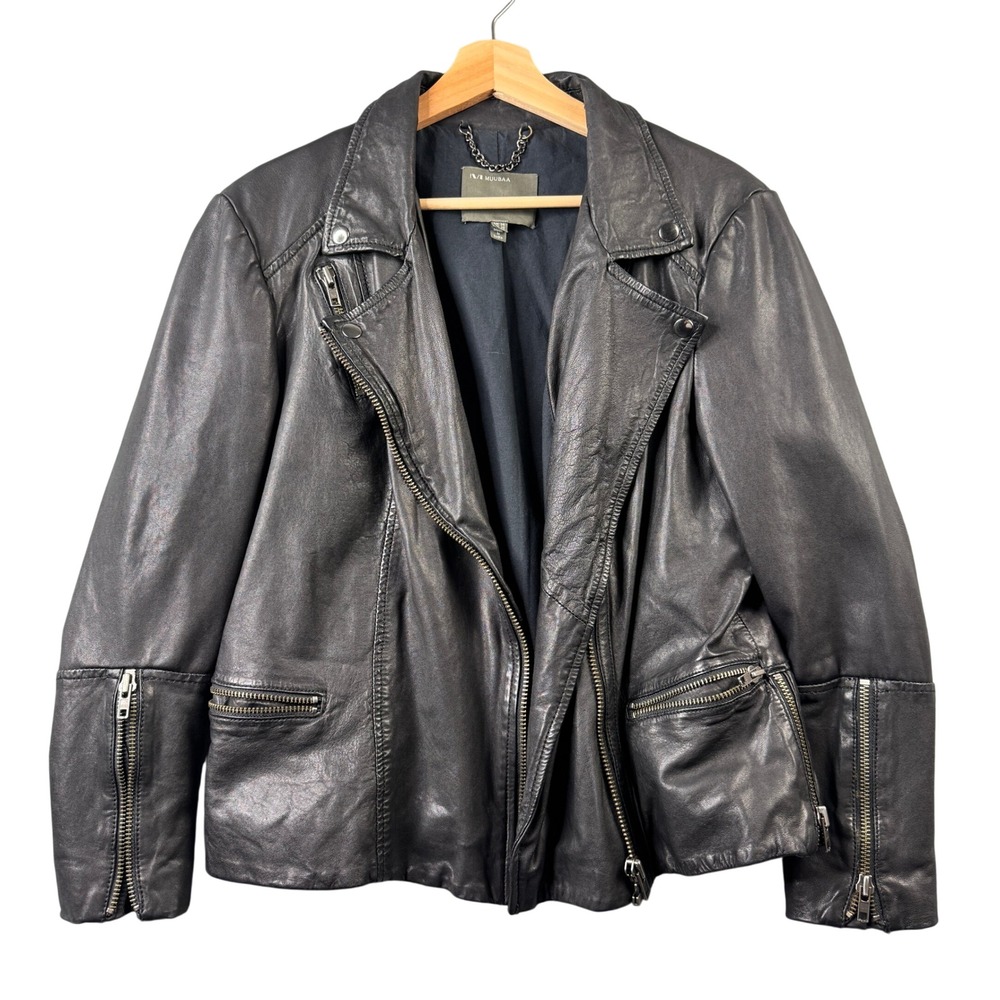 Muubaa Lamb Leather‎ Jacket Black Moto Cropped Full Zip Biker Boho Womens US 10